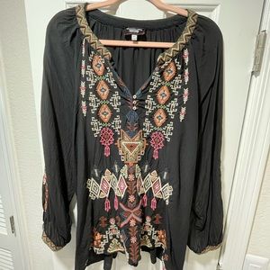 Johnny Was Long Sleeve Embroidered Silk Top XL